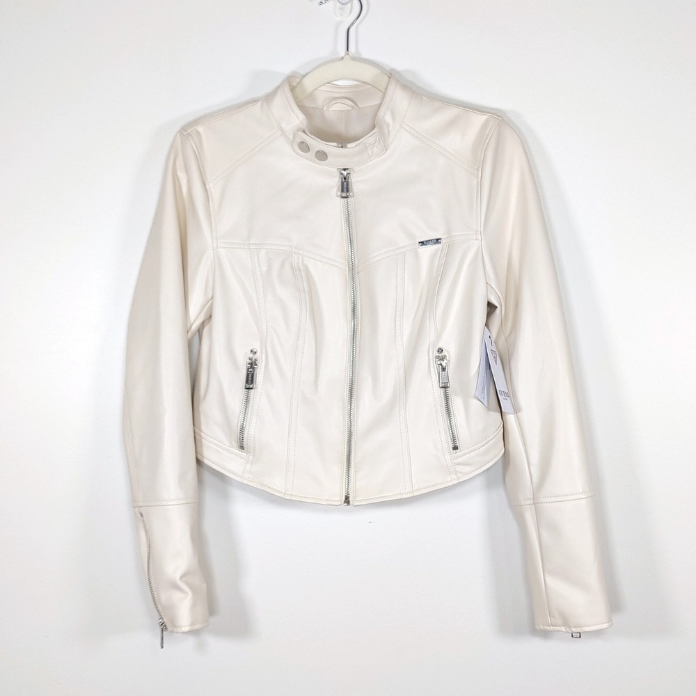 Guess‎ Faux Leather Moto Jacket Cream Vegan Cropped Small W4GL13K8S30 NWT